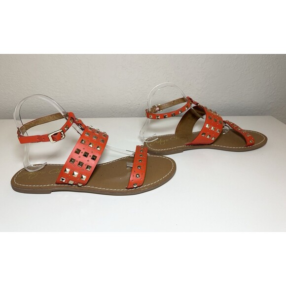 Arturo Chiang Orange Gold Studded Leather Flat Ankle Strap Sandals Women's 9M - Picture 4 of 10